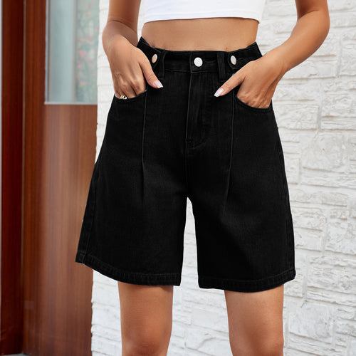 2025 Spring Summer Washed Adjustable Waist Denim Shorts for Women - Casual High-Waist Jean Shorts with Drawstring Fit