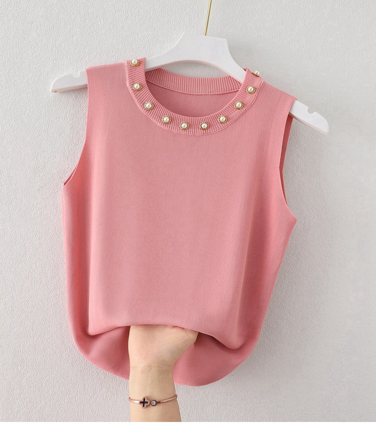 Women's Round Neck Camisole Top with Beaded White Knitted Sleeveless Sweater - Stylish Outerwear T-Shirt