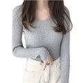 Women's Slim Fit V-Neck Retro Pullover - Long & Short Sleeve Knitted Sweater for Spring and Autumn