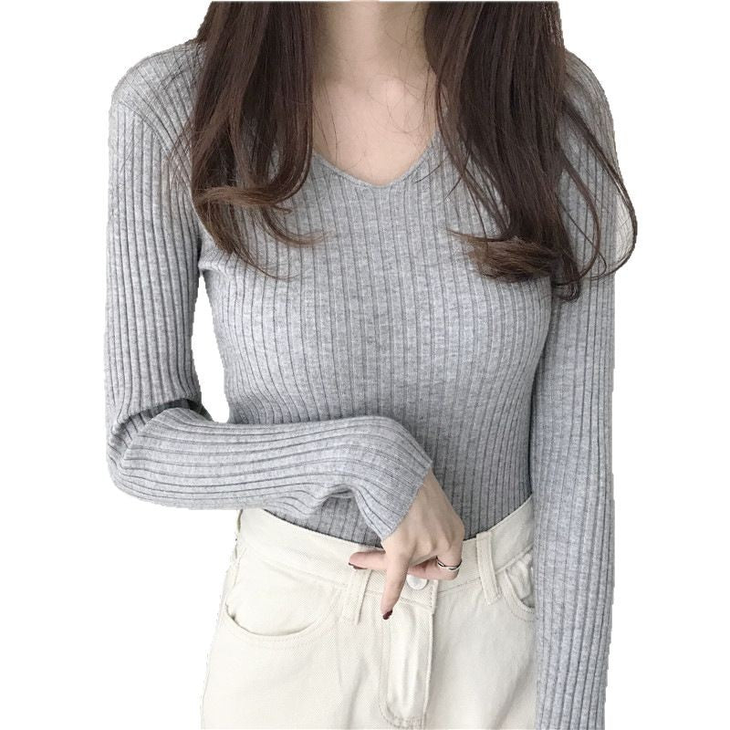 Women's Slim Fit V-Neck Retro Pullover - Long & Short Sleeve Knitted Sweater for Spring and Autumn
