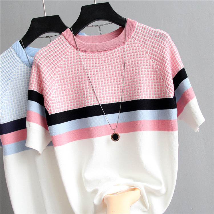 Women's Slim Fit Contrast Color Knit Pullover T-Shirt - Short Sleeve