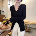 Spring & Autumn Split Long Sleeve V-Neck Hollow Knit Sweater for Women