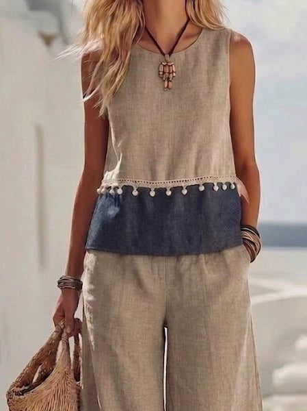 Women's Lace-Trimmed Sleeveless Top and Wide-Leg Pants Two-Piece Set