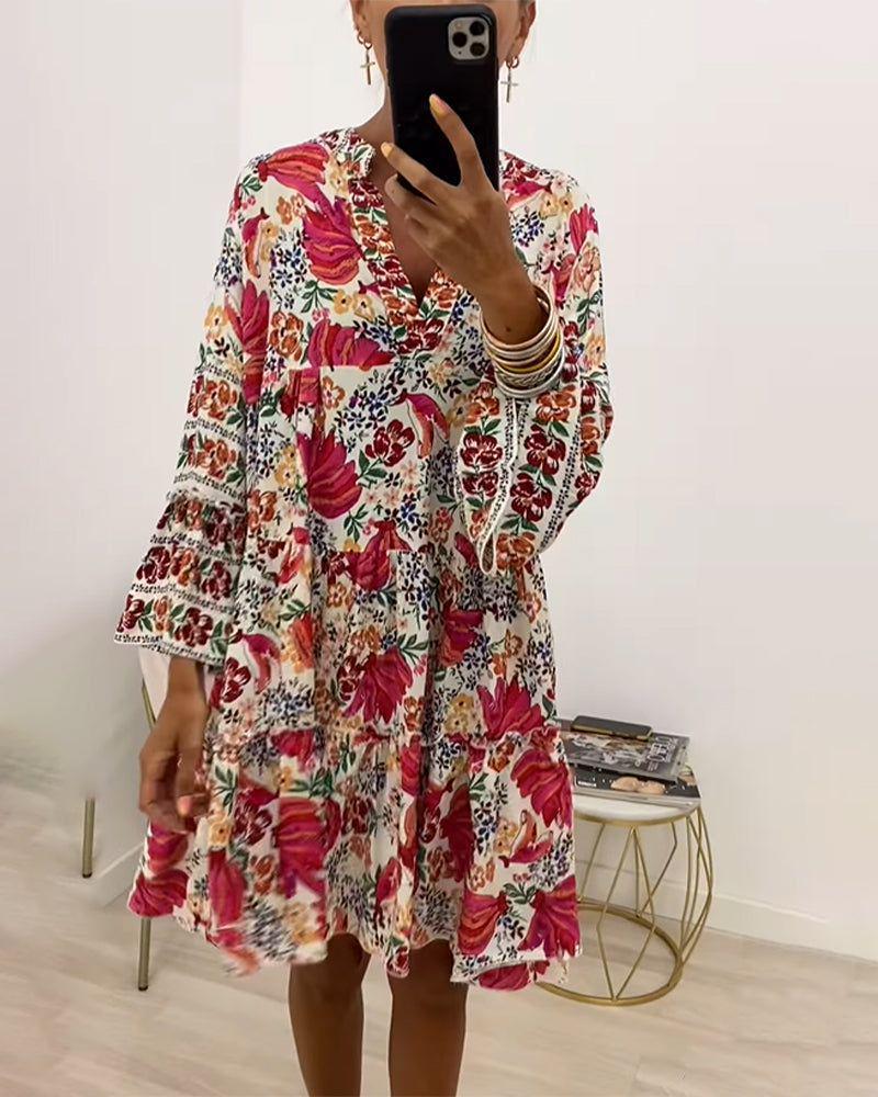Women's Summer Printed V-Neck Long-Sleeve Loose Casual Dress