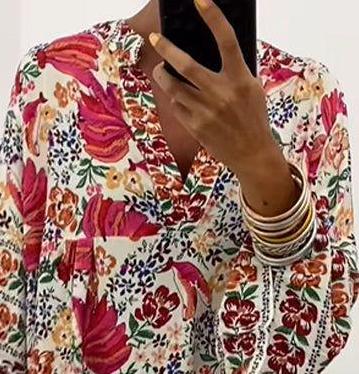 Women's Summer Printed V-Neck Long-Sleeve Loose Casual Dress