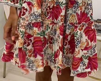 Women's Summer Printed V-Neck Long-Sleeve Loose Casual Dress