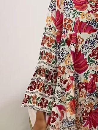 Women's Summer Printed V-Neck Long-Sleeve Loose Casual Dress
