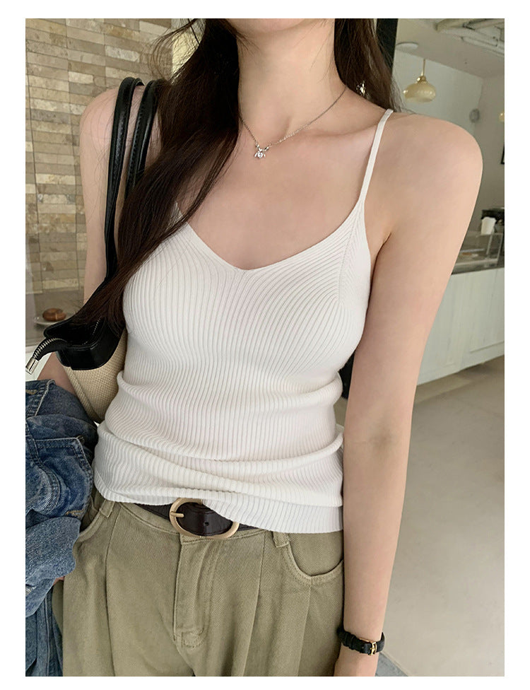 Women's Slim Elastic V-Neck Knitted Camisole Vest - Spring/Summer Innerwear