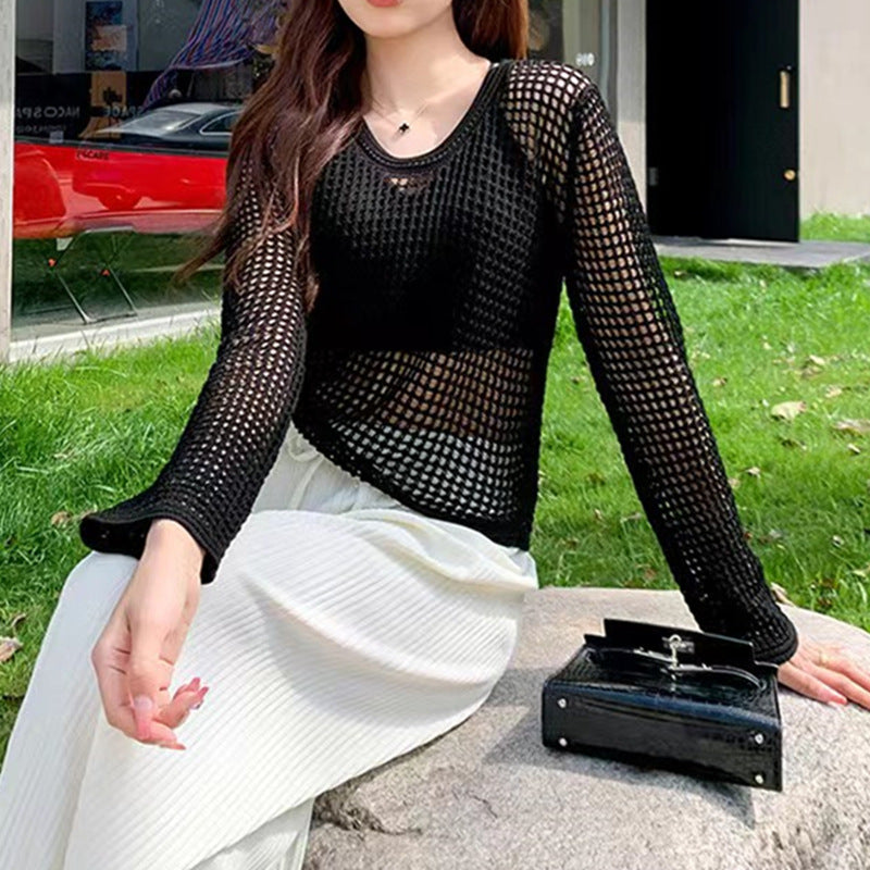 Spring and summer hollow knit sweater women 2025 new thin round neck Top
