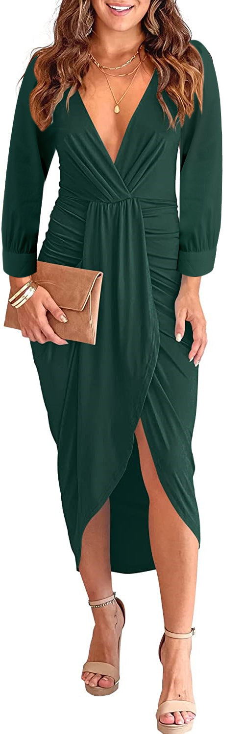 Elegant V-Neck Pleated Bodycon Slit Dress – Solid Color Long Sleeve Autumn & Winter Fashion for Women