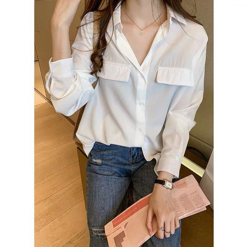 Autumn White Slim Fit Shirt - Light Mature Style Niche Design for Women