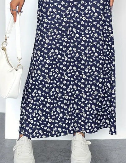 Women’s Summer Printed V-Neck Short-Sleeved Waist Floral Dress