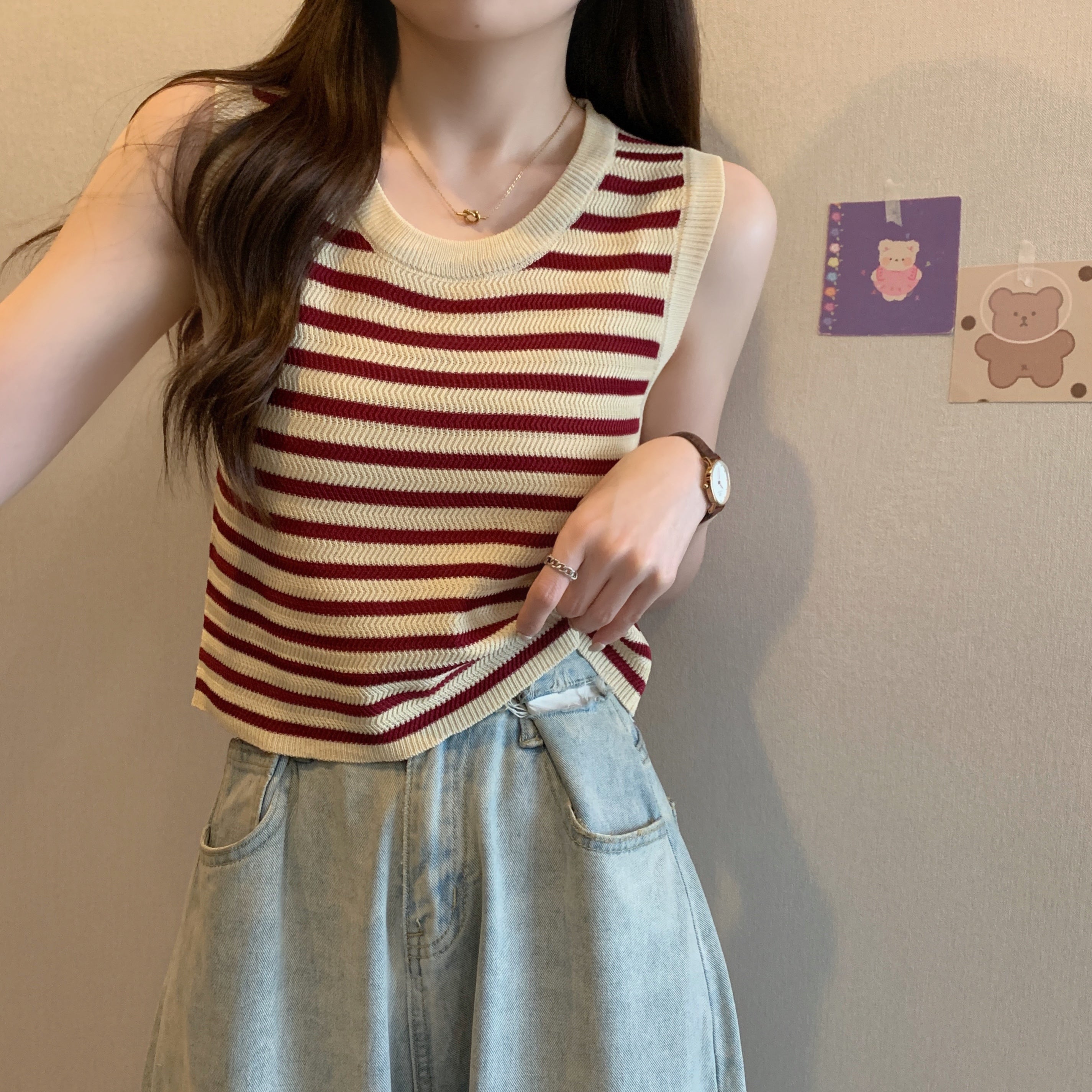 Plus-Size Striped Camisole Vest - Slimming Summer Sleeveless Knit Top (Fat MM)