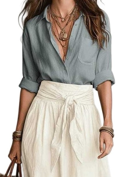 Long Sleeve Shirt & Color Block Tie-Waist Midi Skirt 2-Piece Set for Women
