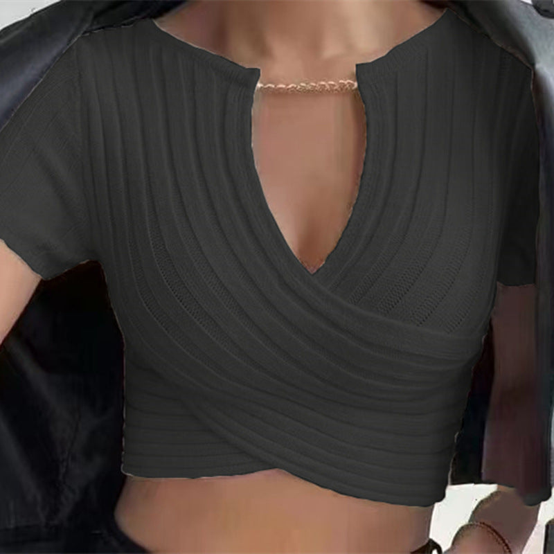 Summer Chain Deep V-Neck Cross-Navel Knitted Crop Top - Women's Short Sleeve Chic Streetwear