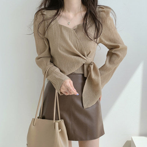 2025 Square Collar Bubble Sleeve Slim Fit Shirt with Straps - Elegant Spring & Autumn Top for Women