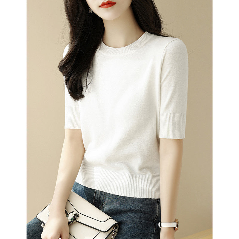 Women's Summer Knitted T-Shirt - Short Sleeve Slim Fit Top with Half-High Collar