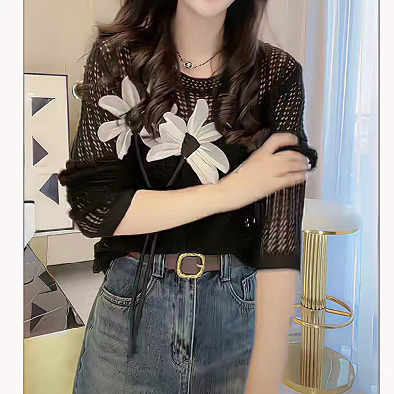 Summer Women's Slim Fit Hollow Knit Cardigan - Lightweight Round Neck Pullover with 3D Floral Detail, Long Sleeve Fashion Sweate