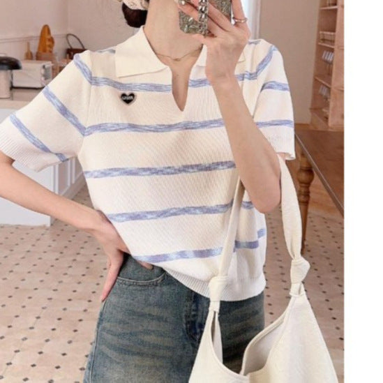 2025 Spring & Summer Women's Lapel Striped Slim Fit Long Sleeve Top - Commuter Chic Edition