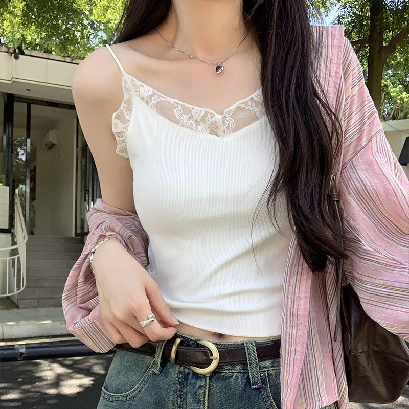 Women's Exquisite Lace Stitching Sling Top - Elegant Summer Outerwear