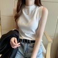Women's White Knitted Vest - Small Camisole Top for Autumn & Winter, Half Turtleneck Sleeveless Sweater, Lightweight Bot