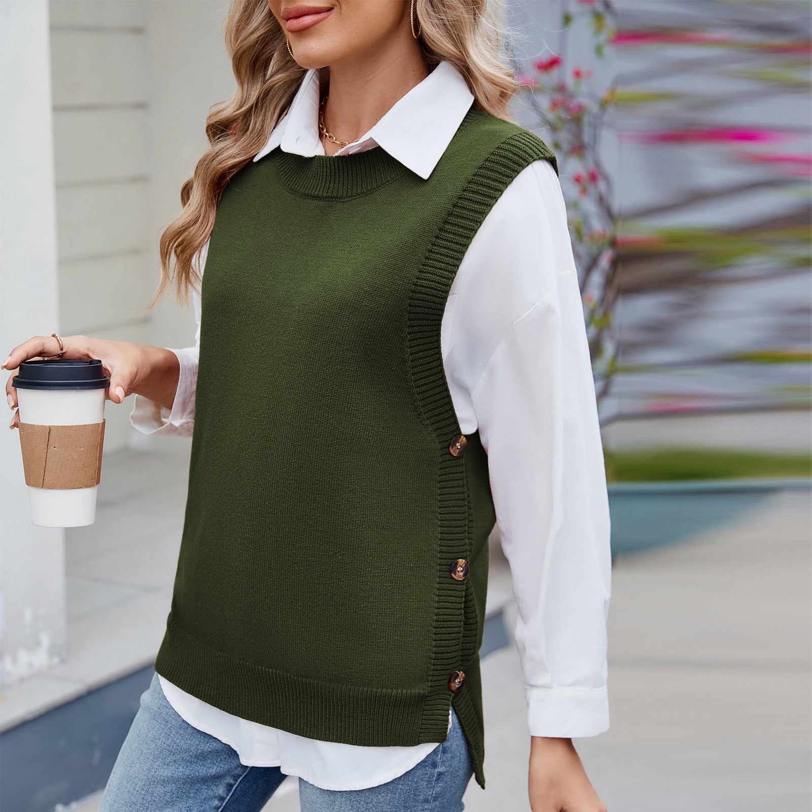 Women's Casual All-Match Solid Color Knitted Top Sweater with Button & Slit Details