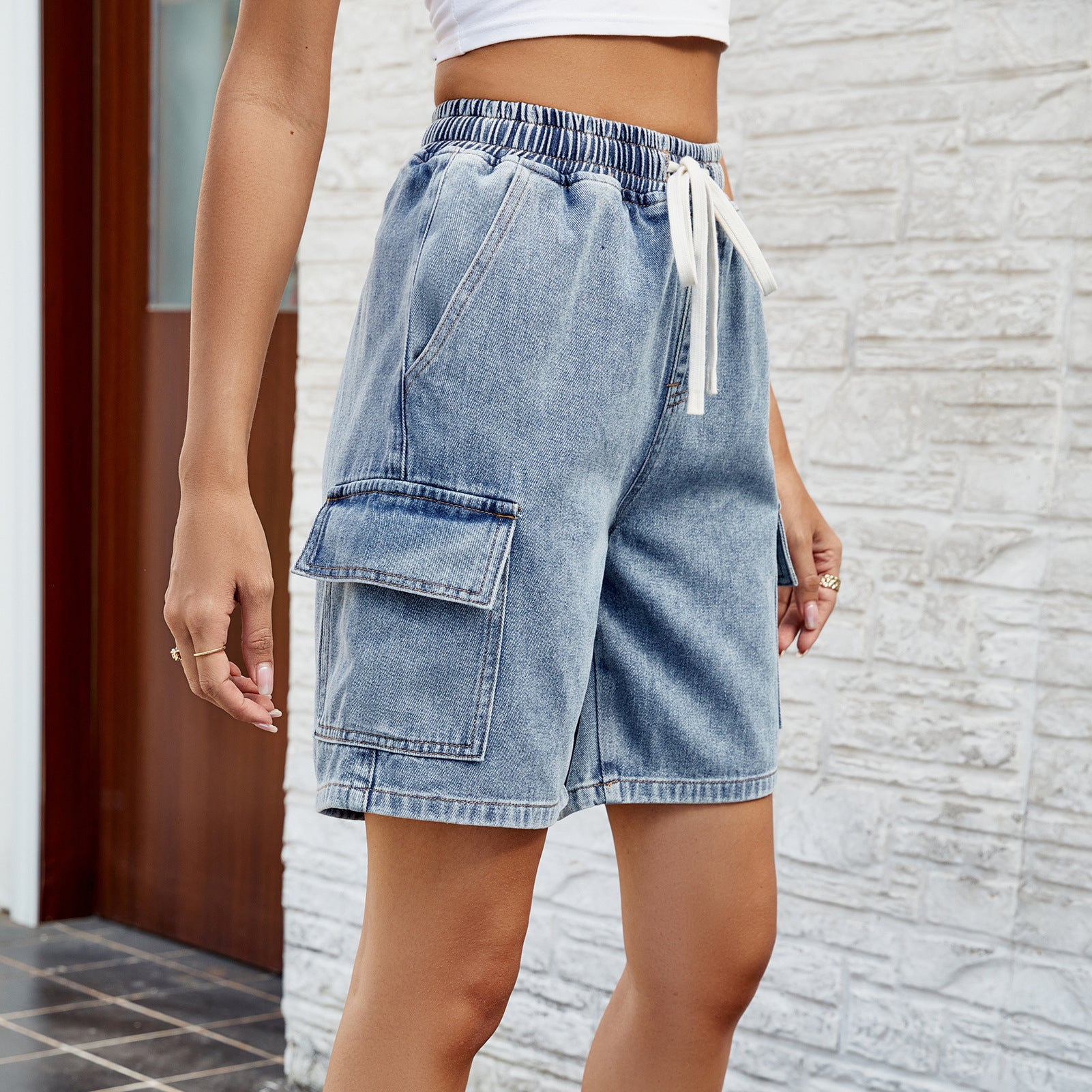 Women's Spring & Summer Lace Trim Elastic Waist Denim Shorts - Casual Five-Point Length