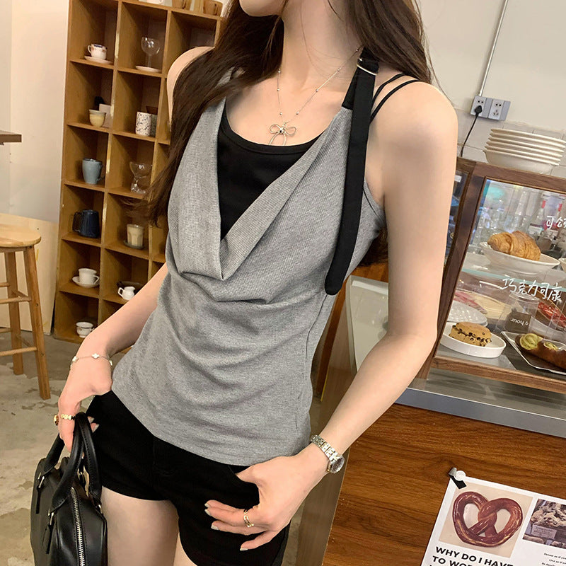 Women's Halter Neck Color Block Lace-Up Sleeveless Fake Two-Piece Vest Top