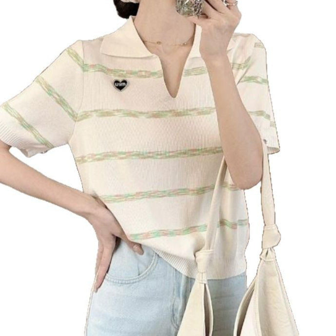 2025 Spring & Summer Women's Lapel Striped Slim Fit Long Sleeve Top - Commuter Chic Edition