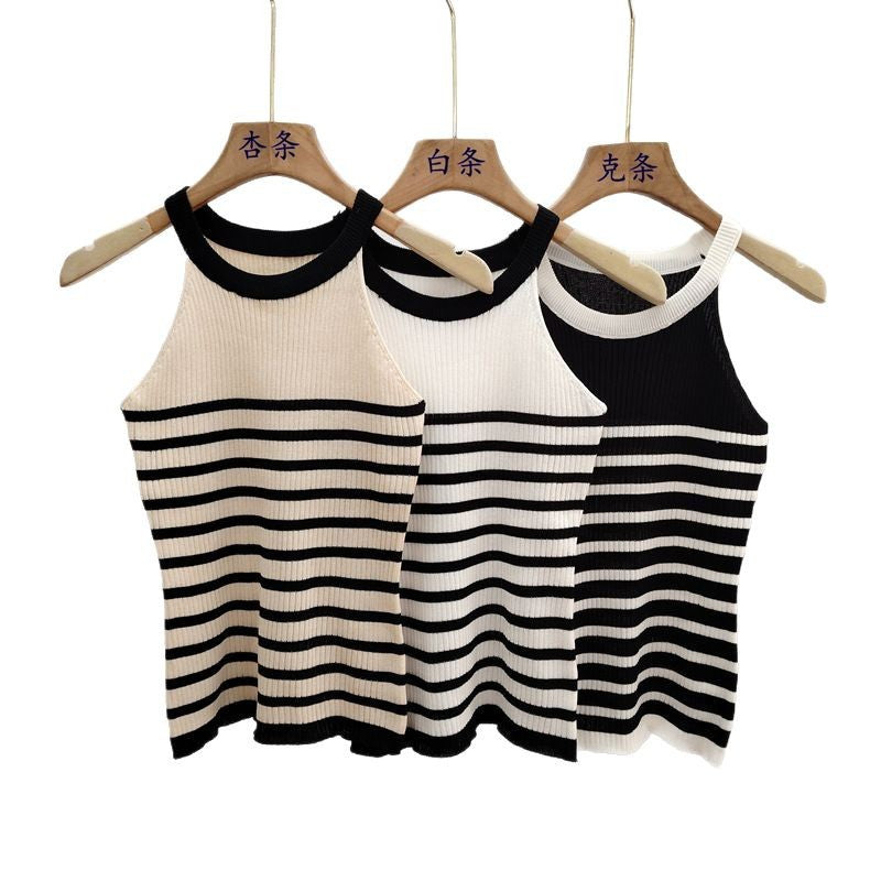 Halter Neck Striped Ice Silk Knitted Camisole for Women - Sleeveless Summer Top, Side Coverage, Lightweight & Breathable