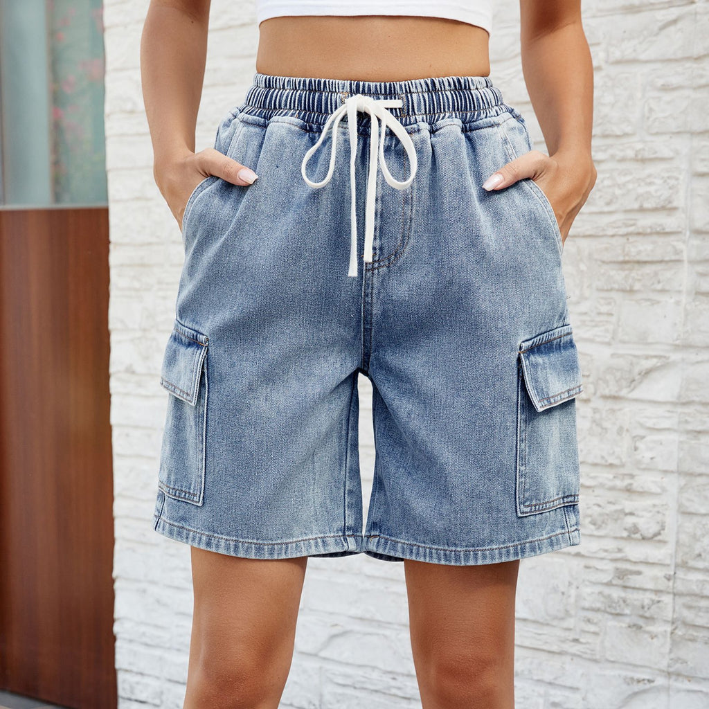 Women's Spring & Summer Lace Trim Elastic Waist Denim Shorts - Casual Five-Point Length