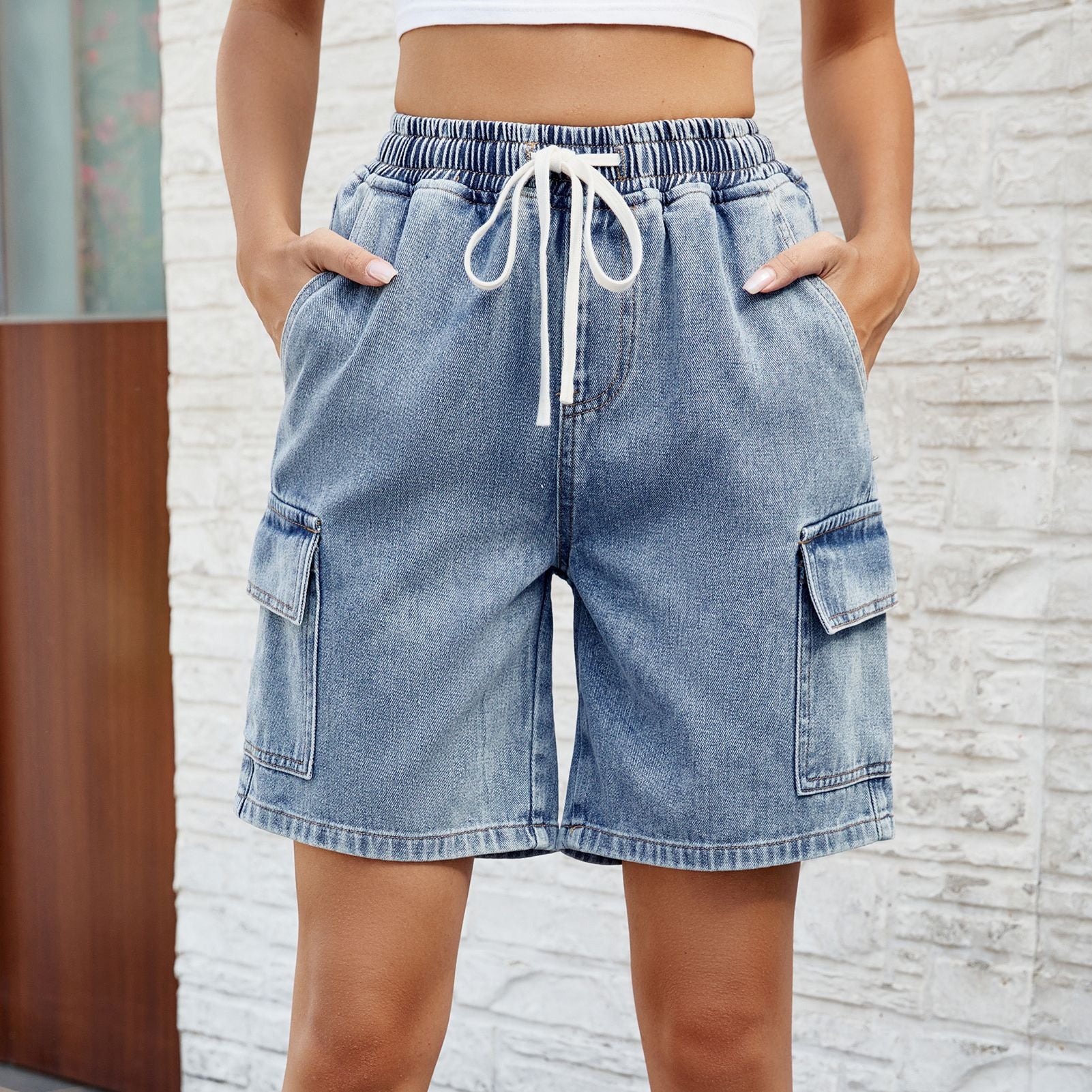 Women's Spring & Summer Lace Trim Elastic Waist Denim Shorts - Casual Five-Point Length