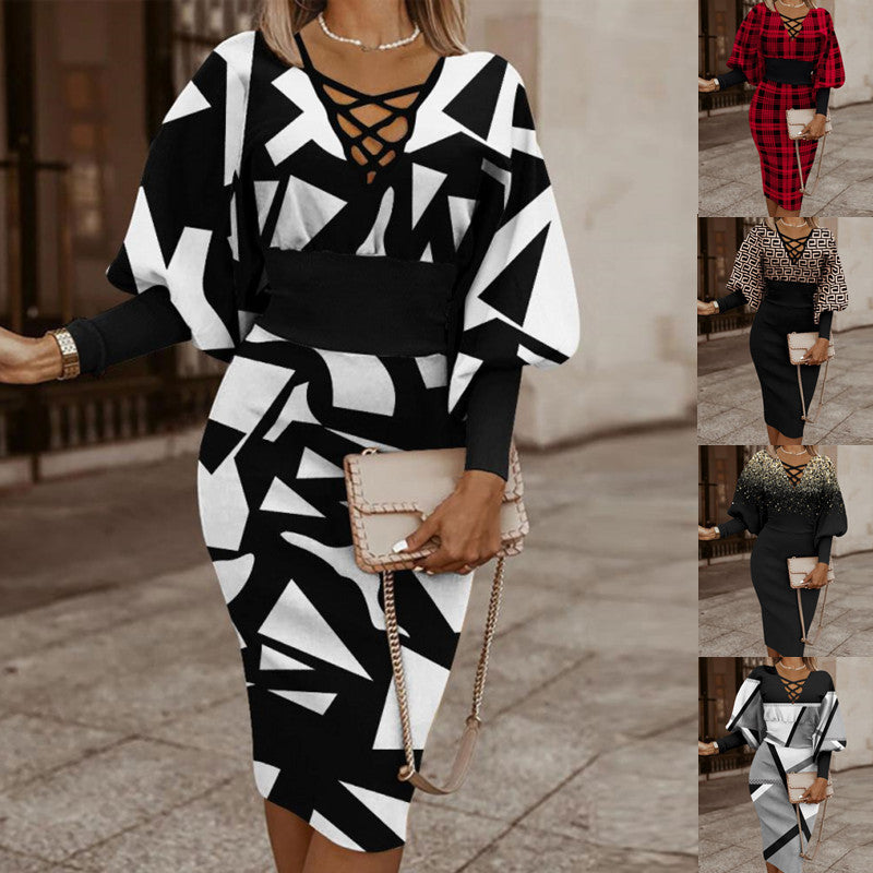 Elegant Long Sleeve V-Neck Wrap Dress for Women – Waist-Tie Bodycon Fit, Autumn & Winter Evening Wear