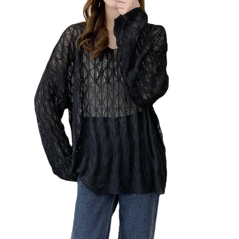 Women's Loose Hollow Knit V-Neck Sweater - Thin Lazy Style Casual Top