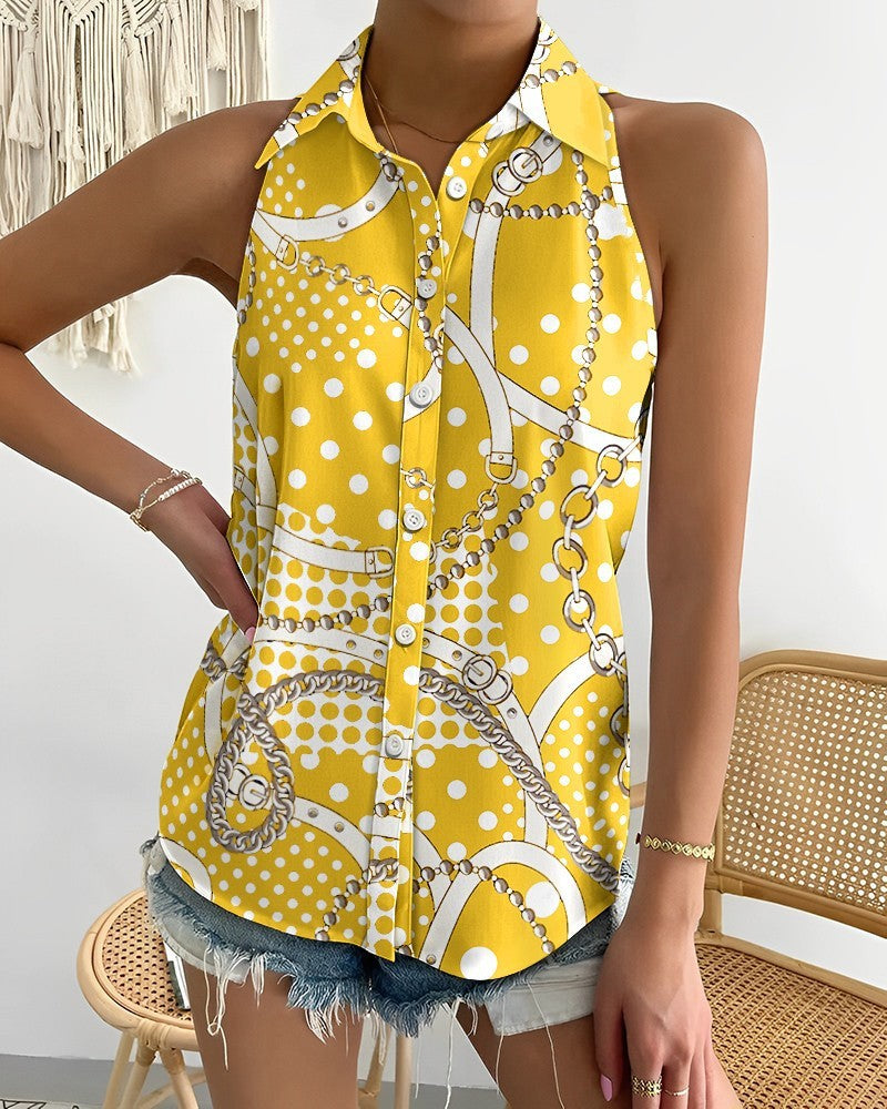 Women's Summer Casual Off-Shoulder Sleeveless Shirt - Fashion Abstract Print Top