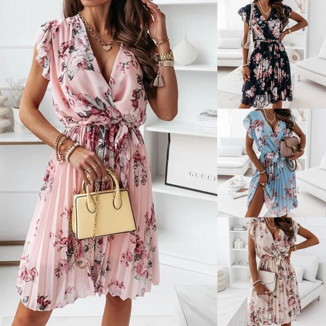 Women's Summer Ruffled V-Neck Short Sleeve Digital Print Dress