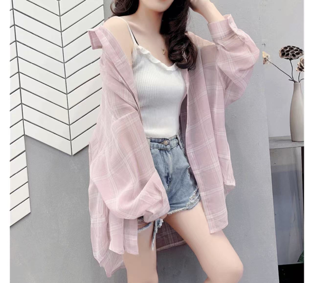 Women's Long Sleeve Mid-Length Plaid Shirt - Light & Breezy Sun Layer
