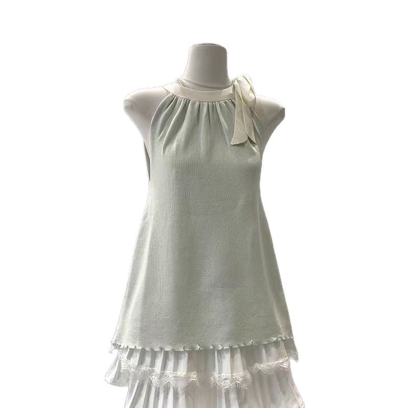 Strappy Bow Halter Neck Knitted Vest for Women - Sleeveless Summer Outerwear Top with Ruffled Edges, Niche Design