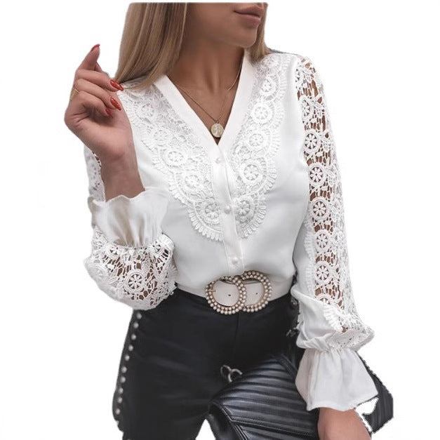 Women's Spring and Summer Fashion Lace Long Sleeve V-Neck Button Shirt - Elegant & Lightweight Blouse
