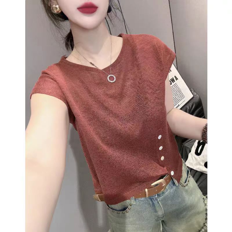 Summer Women's Knitted Short Sleeve Sweater - Loose Fit, Irregular Hem, Chic Round Neck Top