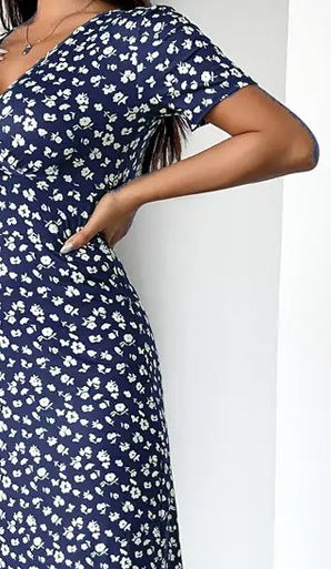 Women’s Summer Printed V-Neck Short-Sleeved Waist Floral Dress