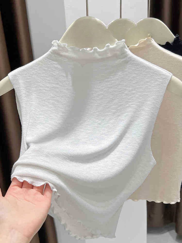 Women's Sleeveless Knitted Bottoming Shirt - Thin Vest with Slim Half-High Collar & Ruffled Edge