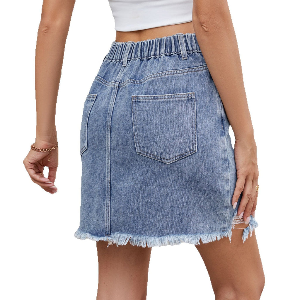 Women's New Washed Hole Denim Short Skirt - Raw Edge Trendy Mini Skirt