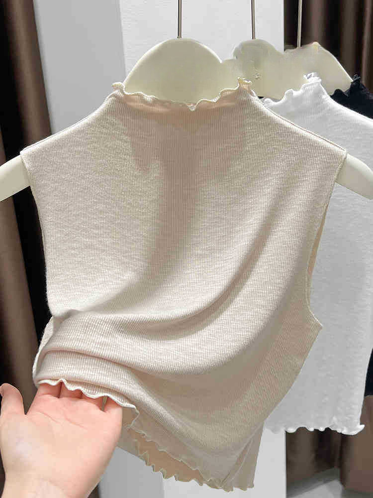 Women's Sleeveless Knitted Bottoming Shirt - Thin Vest with Slim Half-High Collar & Ruffled Edge