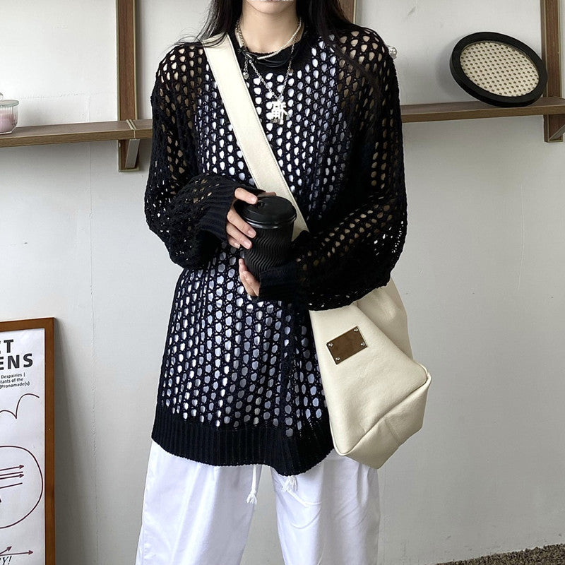 Women's Knitted Hollow Sun Protection Blouse - Lightweight, Loose-Fit, Chic Long-Sleeved Drape Top