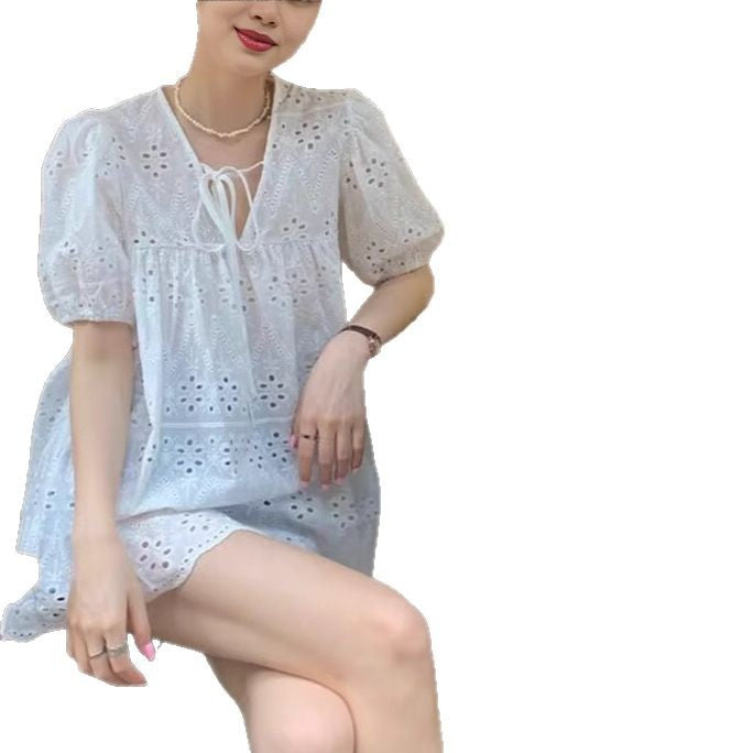 Women's White Hollow Lace Top - Elegant, Delicate & Feminine