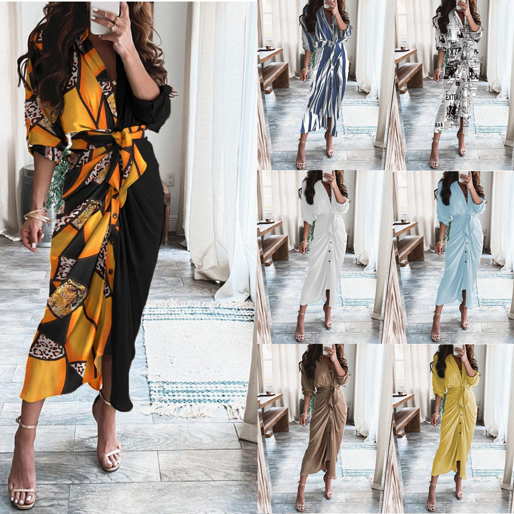 Women's Summer Long-Sleeved V-Neck Button-Up Printed Maxi Dress