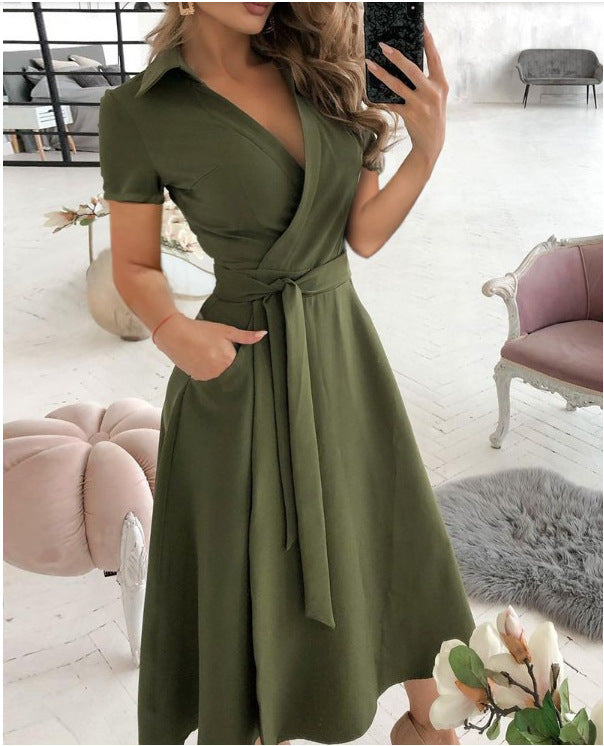 Women's V-Neck Printed Short Sleeve Bodycon Dress – Elegant Hip-Wrapped Summer & Spring Style