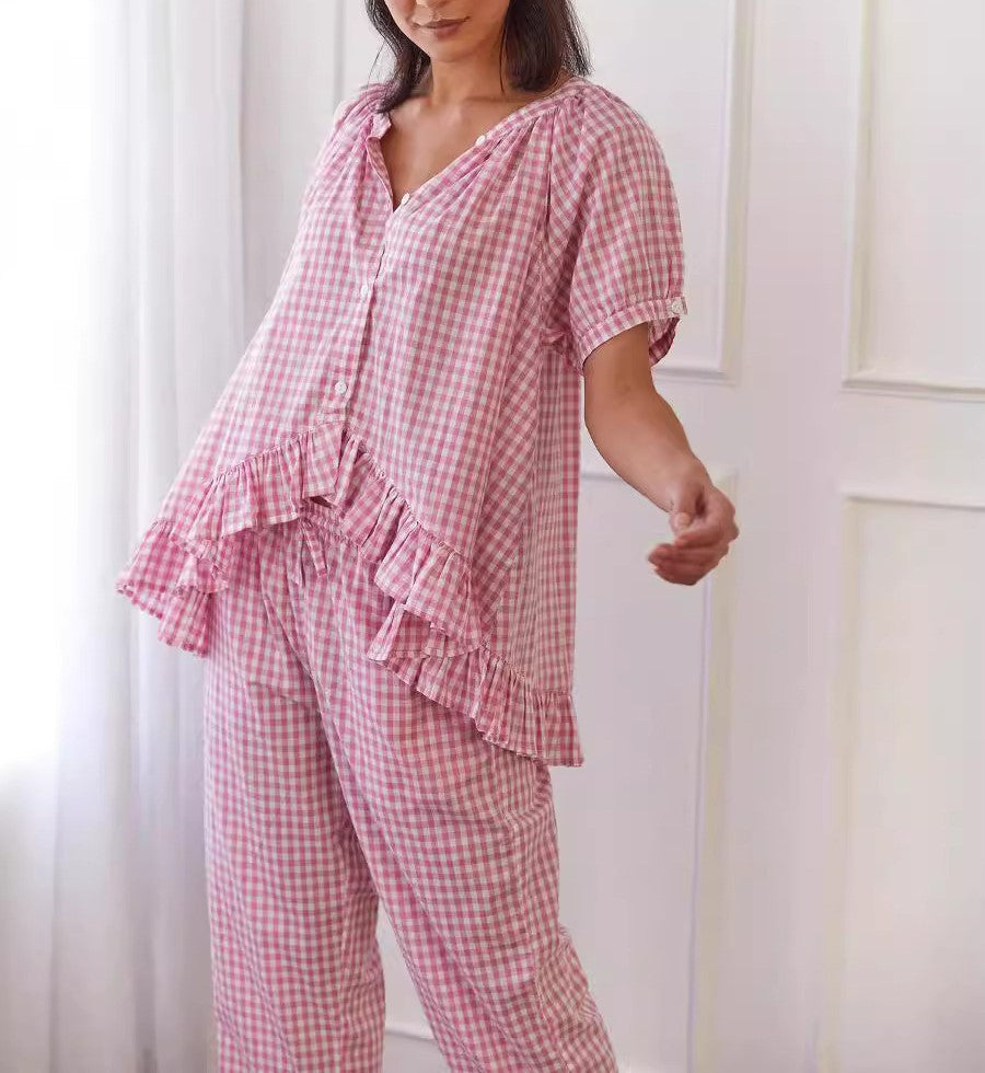 Ruffled Button Short Sleeve Top and Pants Set