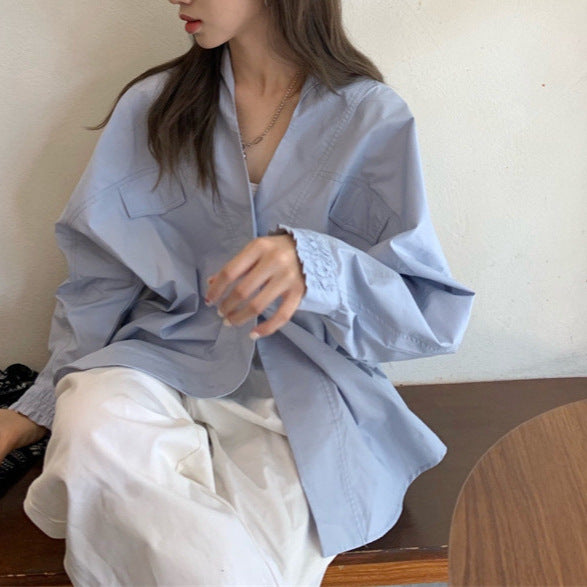 Women's White V-Neck Long-Sleeved Shirt - Loose Fit, Niche Design, Versatile Top